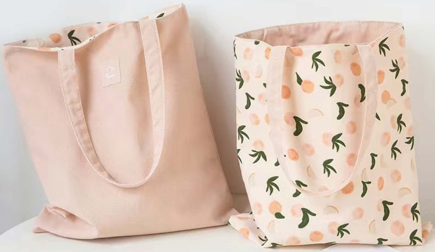 peach, reversible grocery tote bag