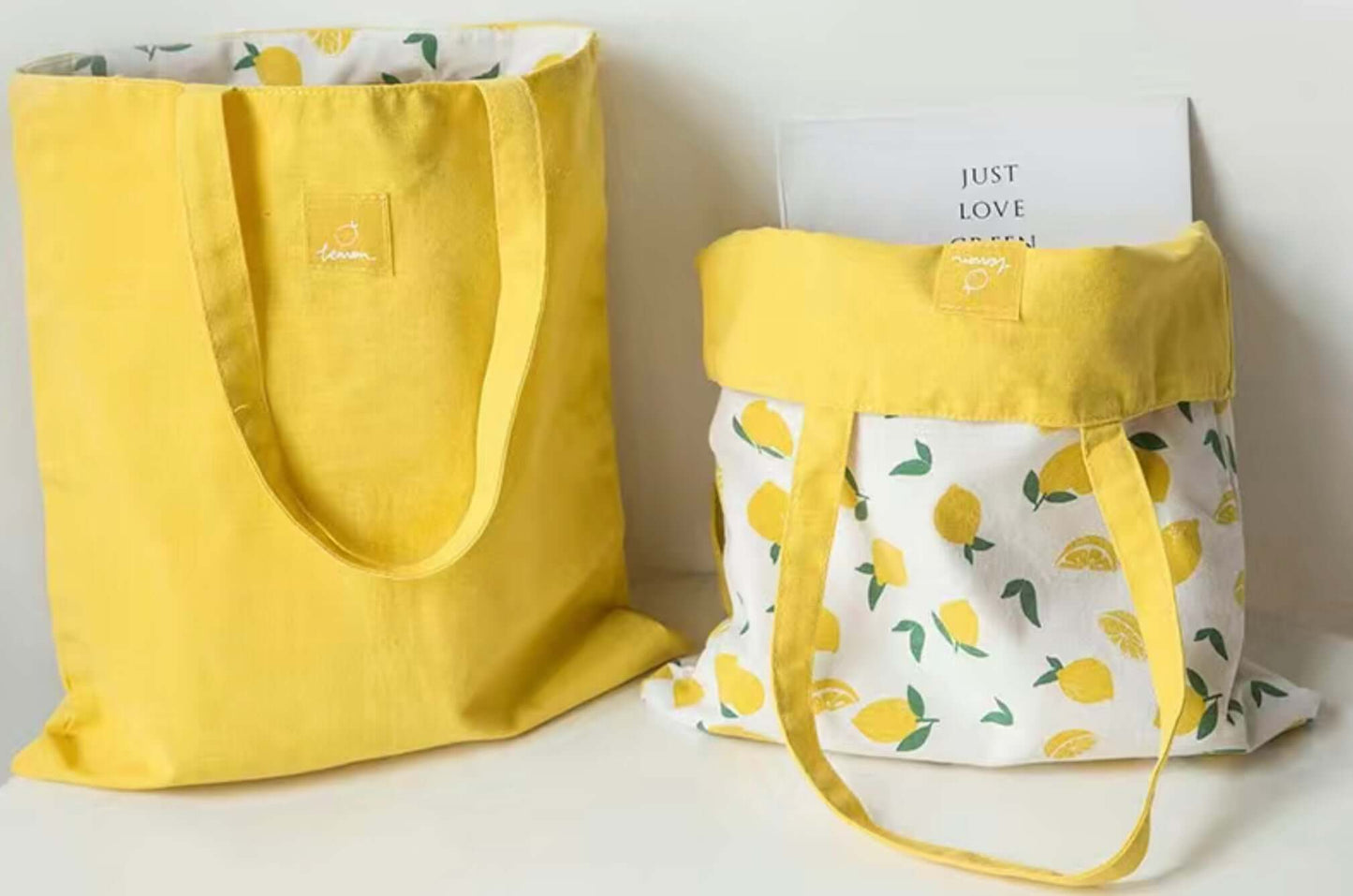 lemon, reversible grocery tote bag