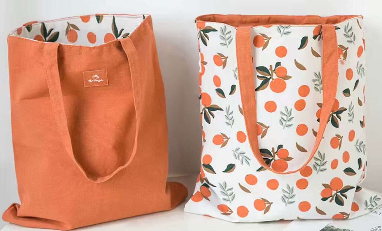 orange, reversible grocery tote bag