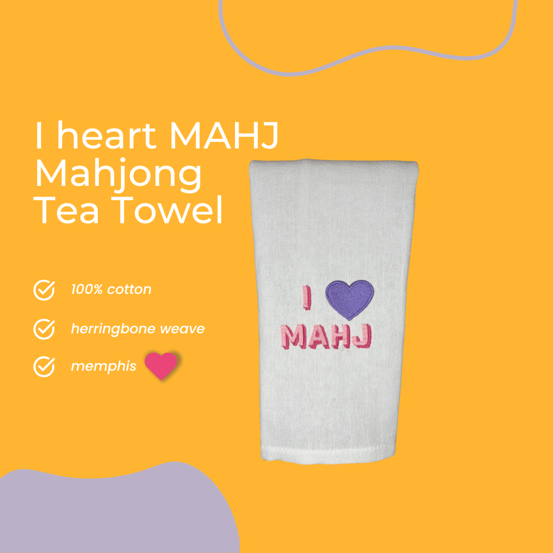 i heart mahjong embroidered on a tea towel in bright, fun colors. 100% cotton, herringbone towel, made in memphis, tn
