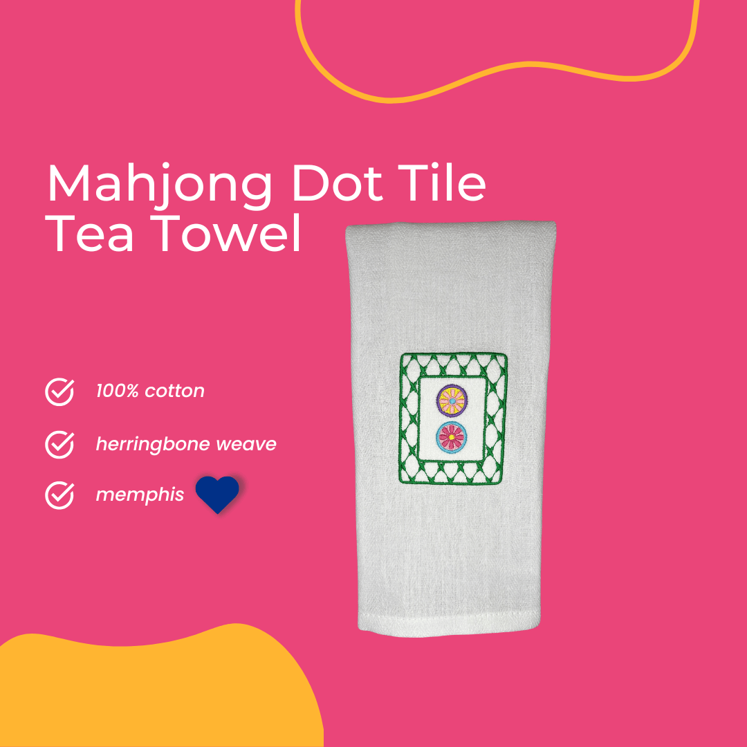 mahjong dot tile embroidered on a tea towel in bright, fun colors. 100% cotton, herringbone towel, made in memphis, tn