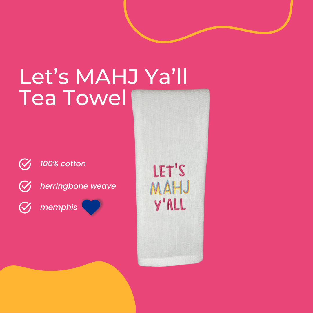 Let's MAHJ Ya'll tea towel embroidered in bright, fun colors