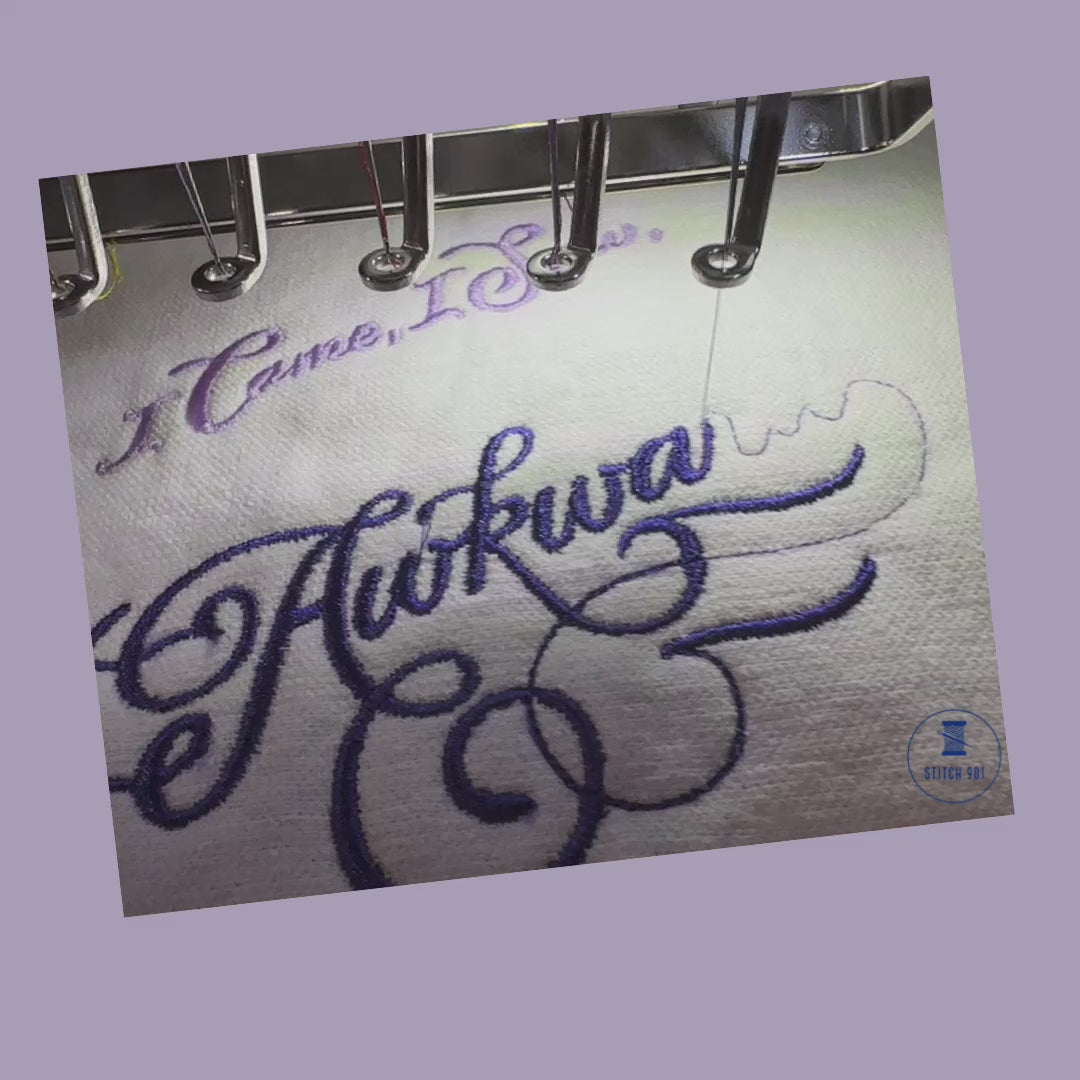 video of this 100% cotton tea towel featuring the phrase, “i came, i saw, i made it awkward” in an ombré purple effect being made