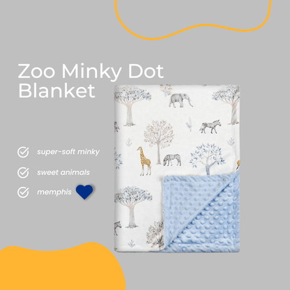Premium Minky Dot Blanket featuring an adorable Zoo Animal print