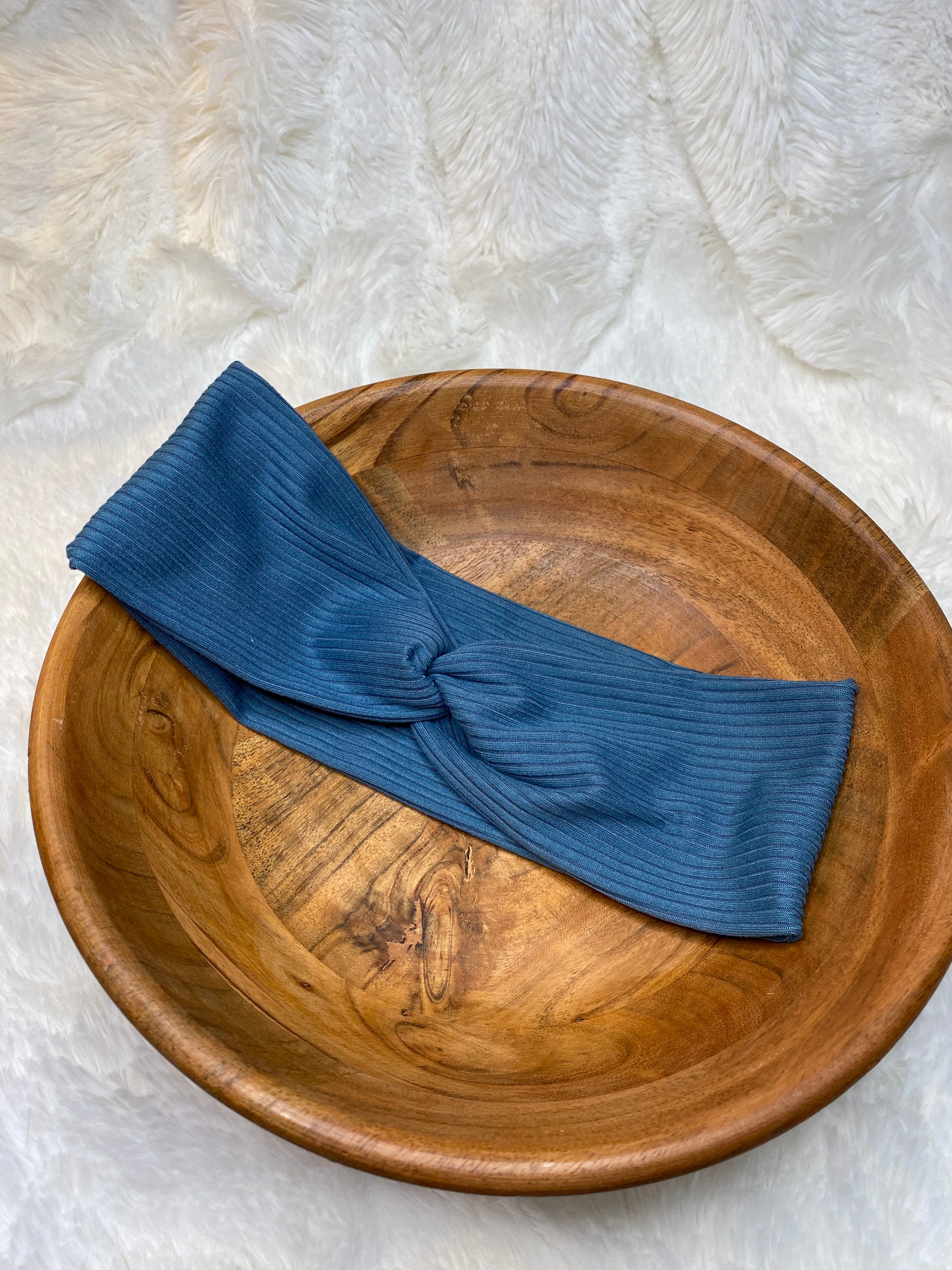 Stretch head wrap with top twist knot in slate blue