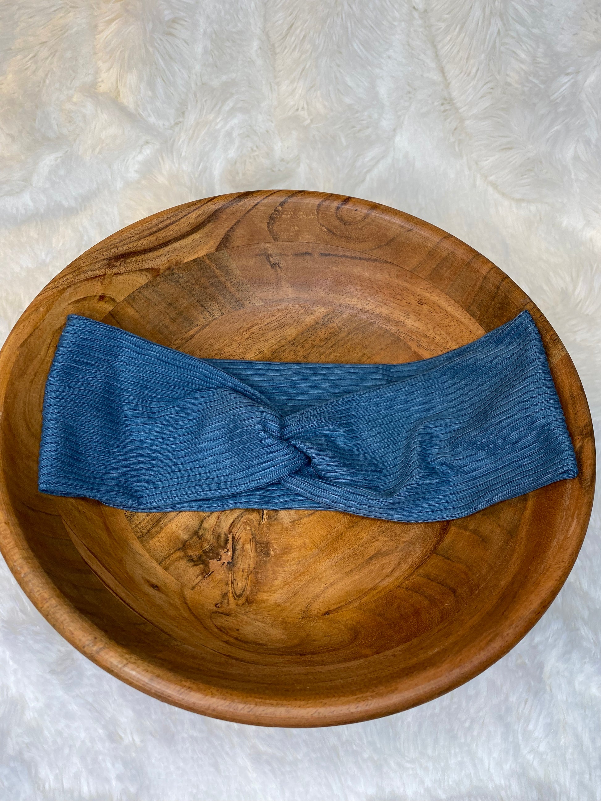 Stretch head wrap with top twist knot in slate blue