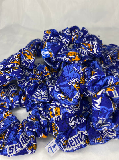 Pile of University of Memphis Tiger print scrunchies